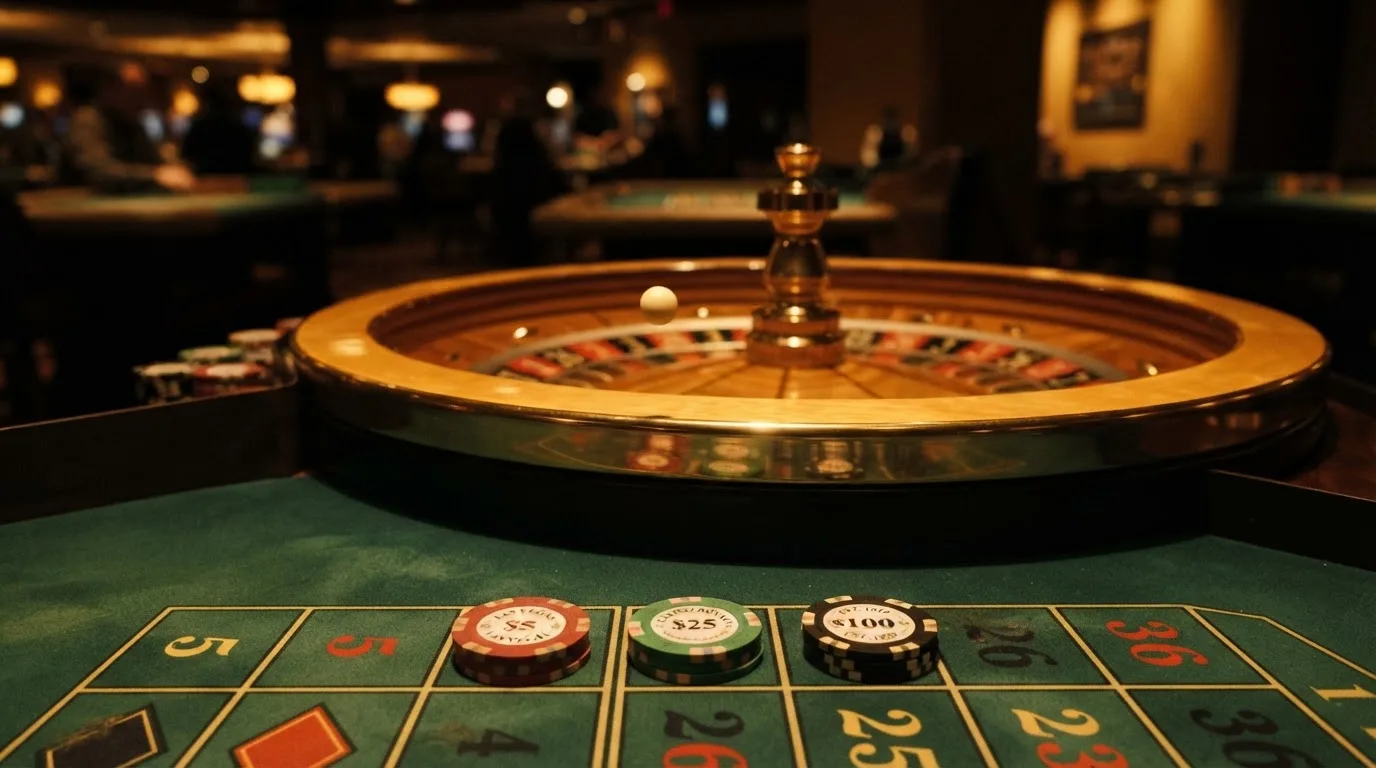 Roulettehjul och spelmarker på grön filt i varmt kvällsljus — 10 euro casino i sverige
