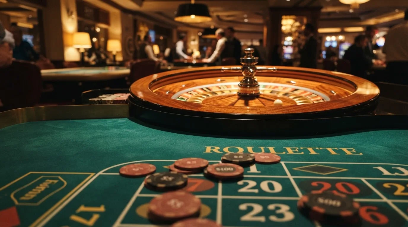 Roulettehjul och spelmarker på grön filt i varmt kvällsljus — 10 free spins casino i sverige