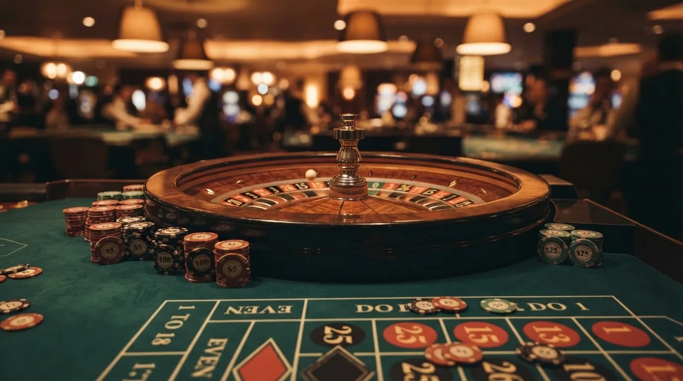 Roulettehjul och spelmarker på grön filt i varmt kvällsljus — 10 kr casino i sverige