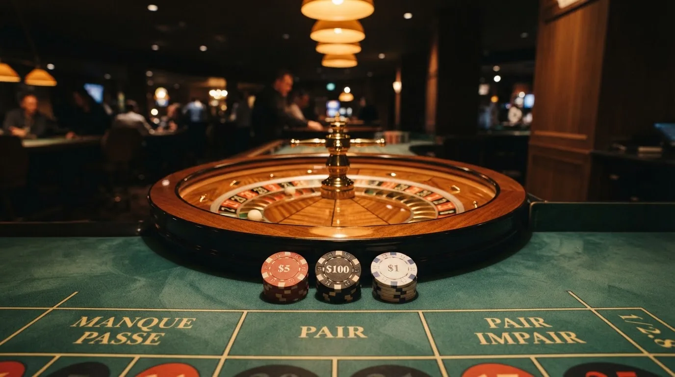 Roulettehjul och spelmarker på grön filt i varmt kvällsljus — 100 euro casino i sverige
