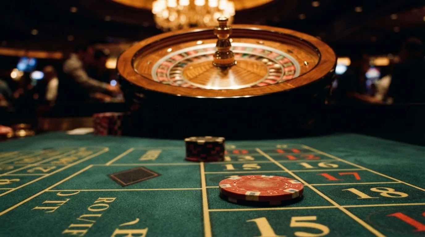 Roulettehjul och spelmarker på grön filt i varmt kvällsljus — 100 free spins casino i sverige
