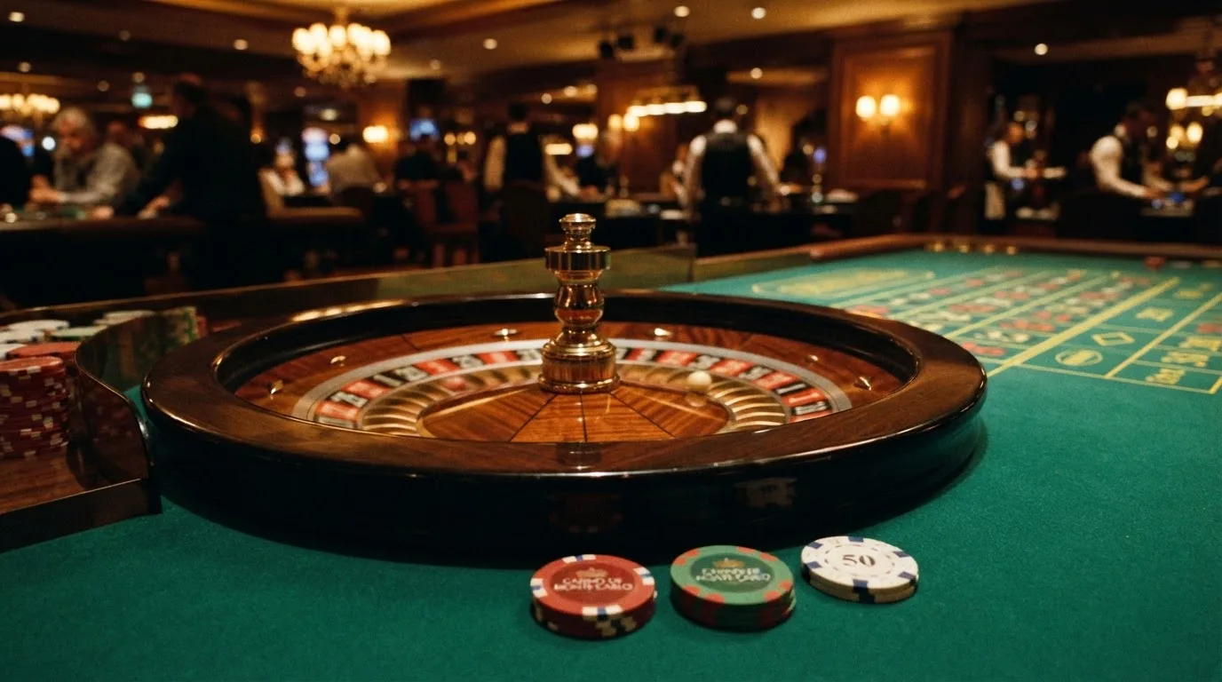 Roulettehjul och spelmarker på grön filt i varmt kvällsljus — 150 free spins casino i sverige