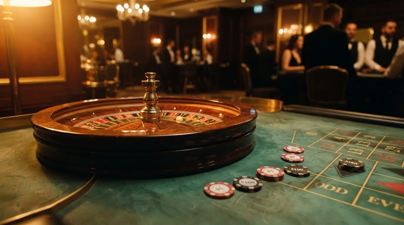 Roulettehjul och spelmarker på grön filt i varmt kvällsljus — bästa blackjack i sverige