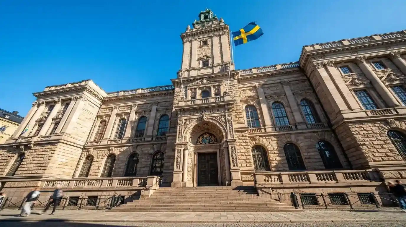 Ett gammalt stadshus i sten fotograferat underifrån mot en klarblå himmel, med den svenska flaggan som fladdrar ovanför entrén.