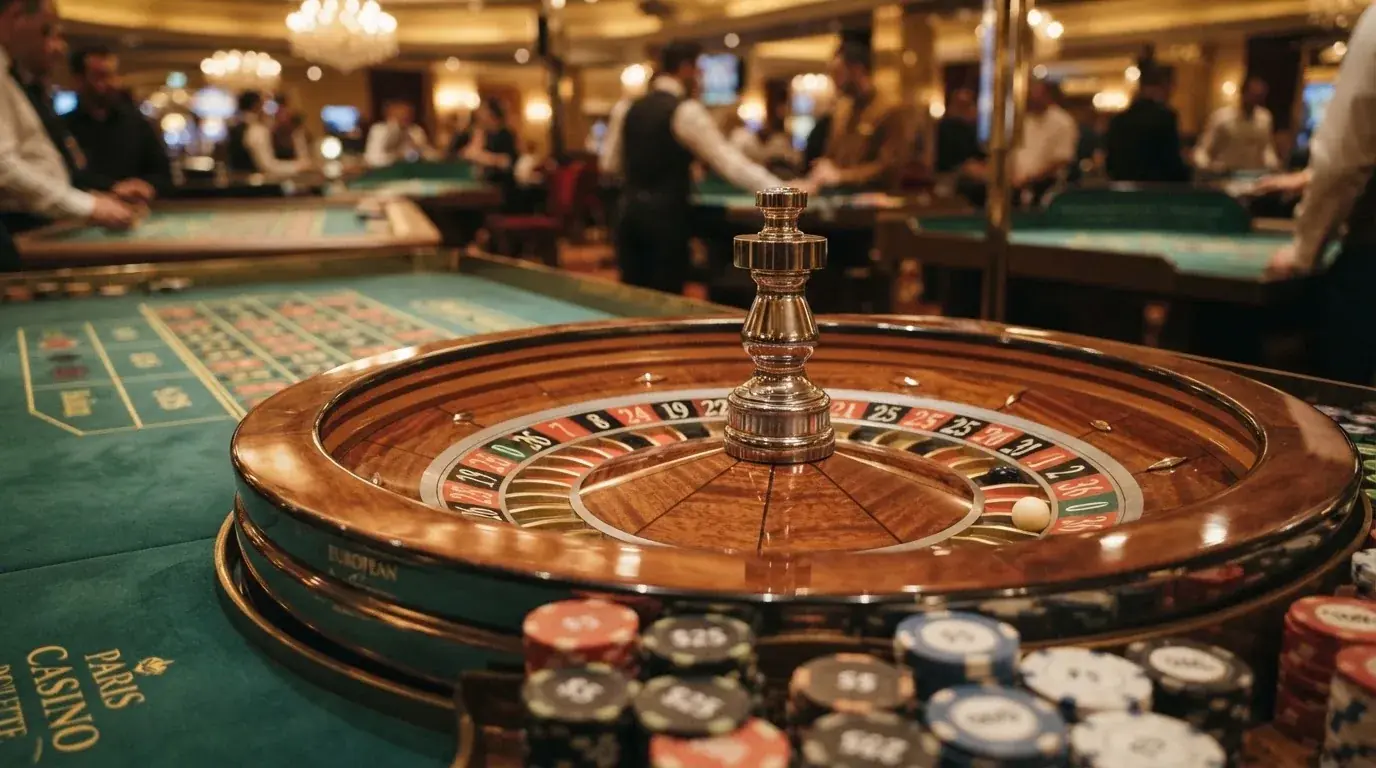 Roulettehjul och spelmarker på grön filt i varmt kvällsljus — blackjack med live dealer i sverige