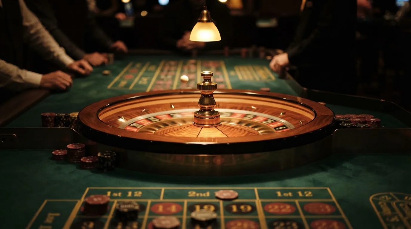 Roulettehjul och spelmarker på grön filt i varmt kvällsljus — blackjack på nätet i sverige
