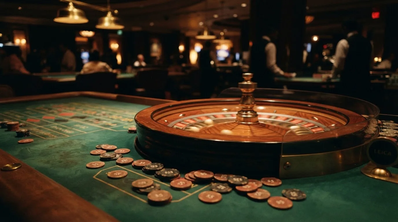 Roulettehjul och spelmarker på grön filt i varmt kvällsljus — bra svenska casinon