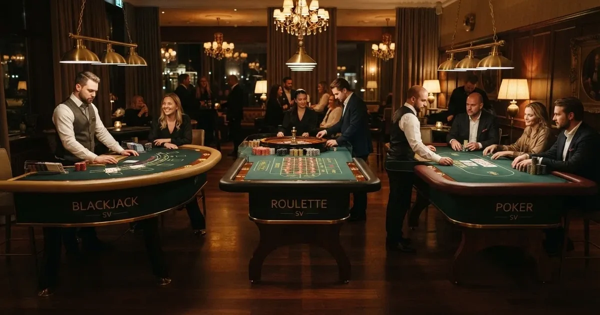 Tre olika spelbord bredvid varandra i en lugn, varmt upplyst spelsal — bra svenska casinon