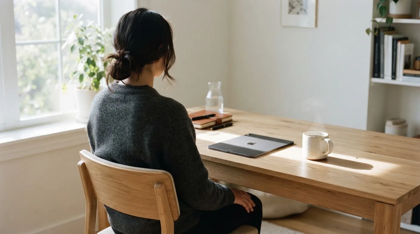En person sitter vid ett skrivbord hemma med en surfplatta nedvänd bredvid en kopp kaffe i morgonljus.
