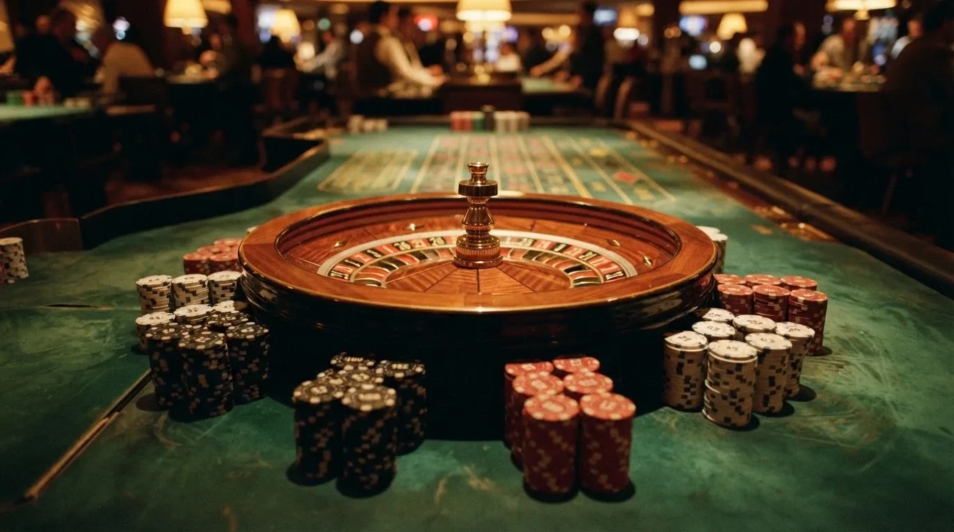 Roulettehjul och spelmarker på grön filt i varmt kvällsljus — casino regler för svenskar