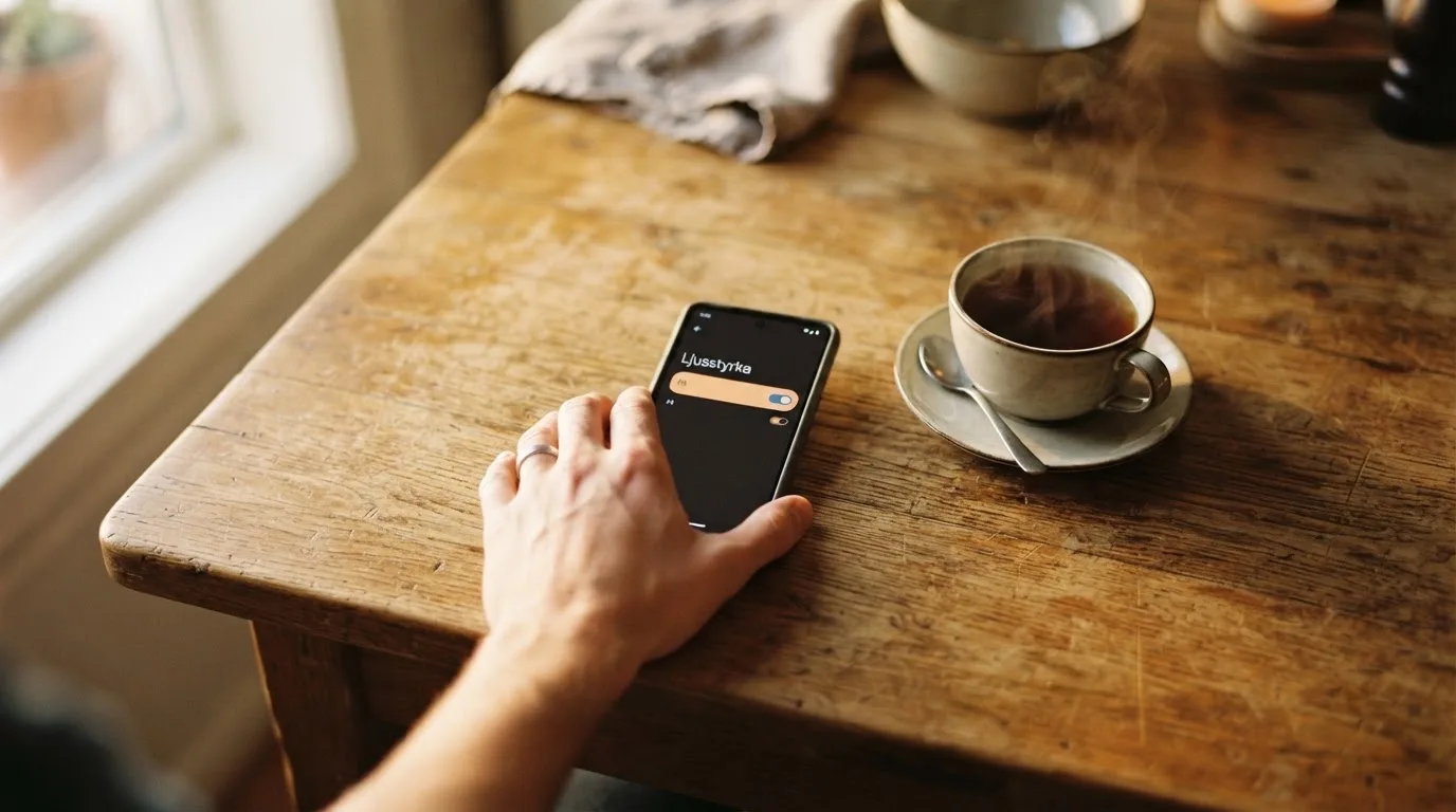 Hand håller en mobiltelefon bredvid en kopp te vid ett köksbord en lugn kväll — casino regler för svenskar