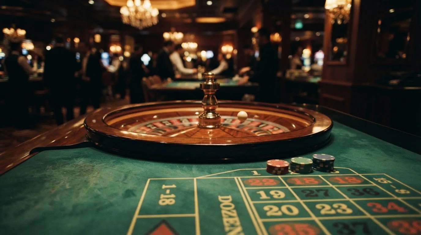 Roulettehjul och spelmarker på grön filt i varmt kvällsljus — casinon med bankid i sverige