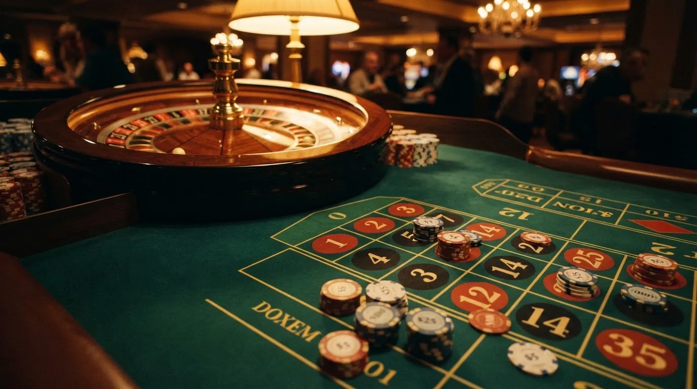 Roulettehjul och spelmarker på grön filt i varmt kvällsljus — casinon med curaçao licens