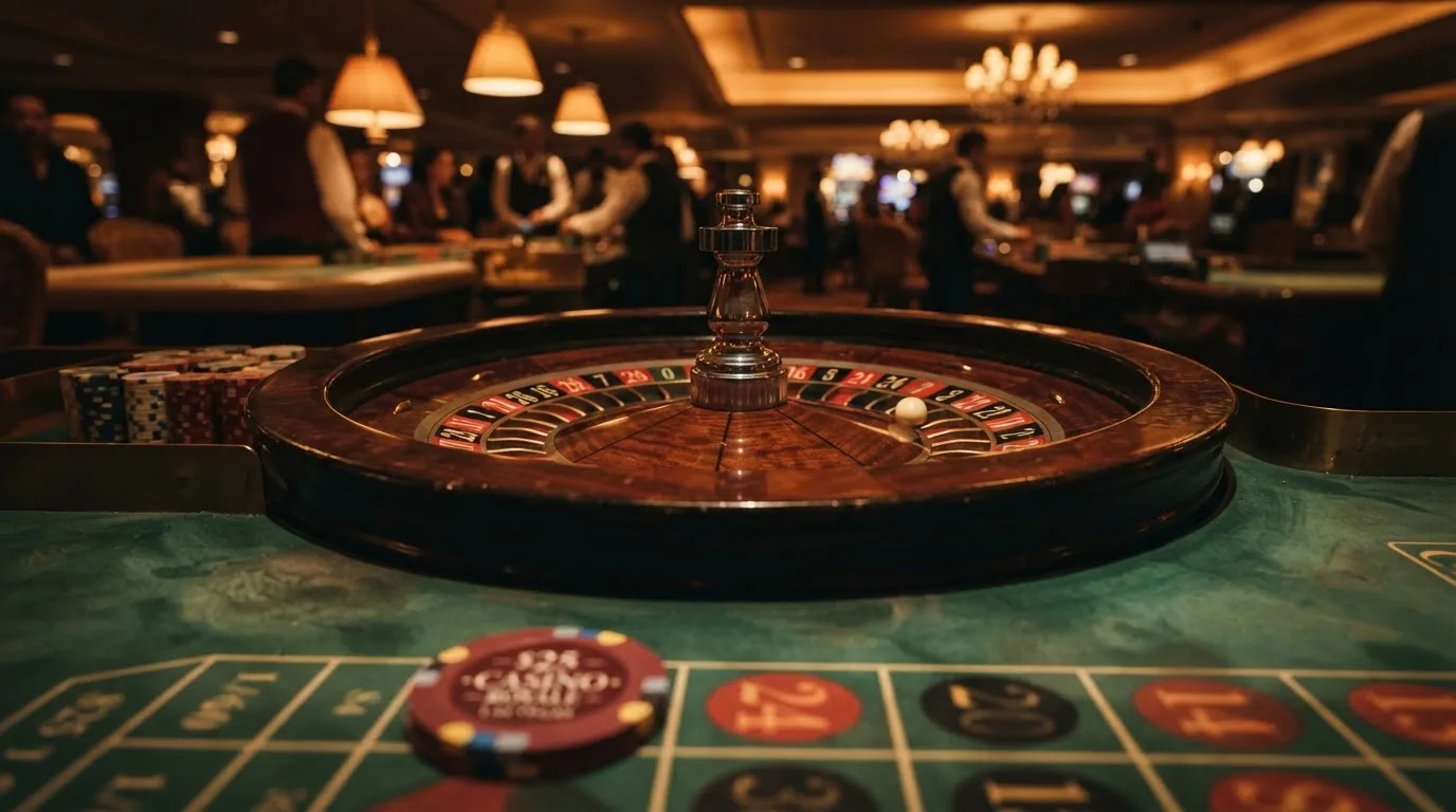 Roulettehjul och spelmarker på grön filt i varmt kvällsljus — casinon med jackpot i sverige
