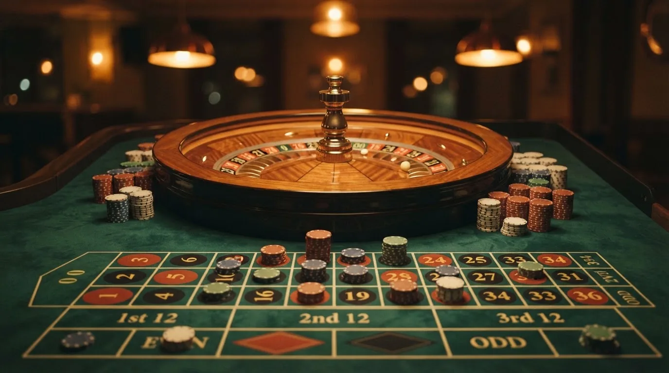 Roulettehjul och spelmarker på grön filt i varmt kvällsljus — casinon med slots i sverige