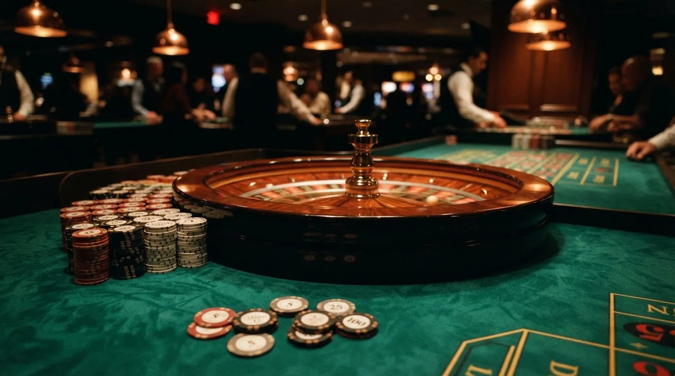 Roulettehjul och spelmarker på grön filt i varmt kvällsljus — casinon med uttag i sverige