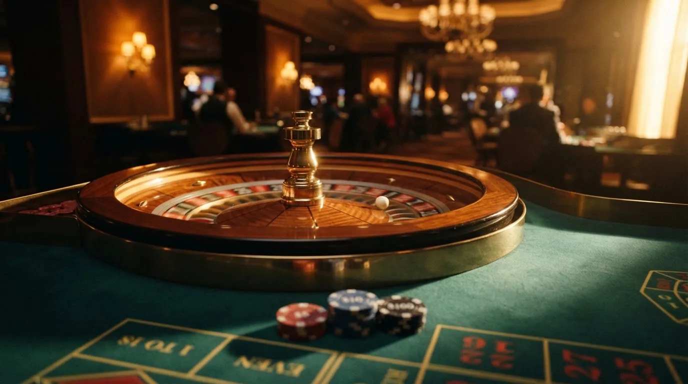 Roulettehjul och spelmarker på grön filt i varmt kvällsljus — casinon utan bankid i sverige
