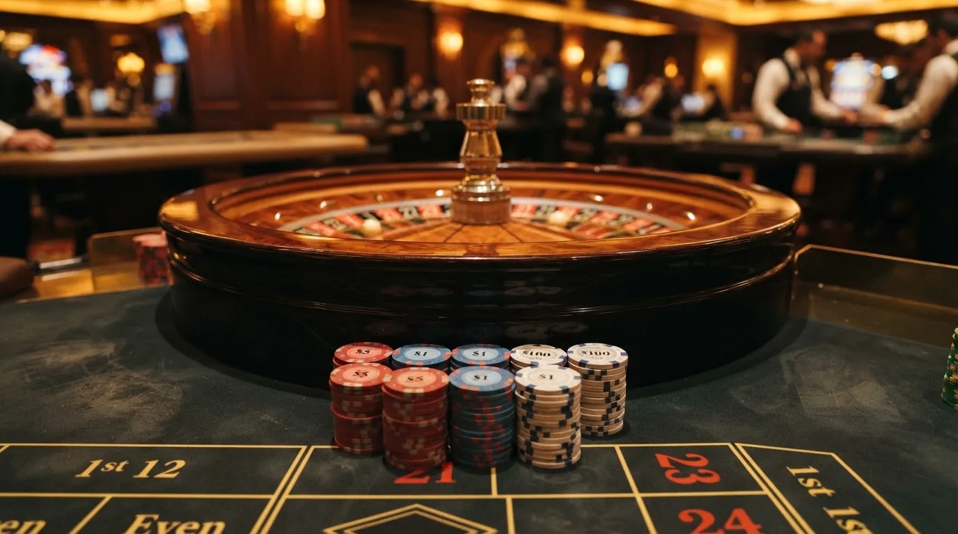 Roulettehjul och spelmarker på grön filt i varmt kvällsljus — casinon utan spelgräns i sverige