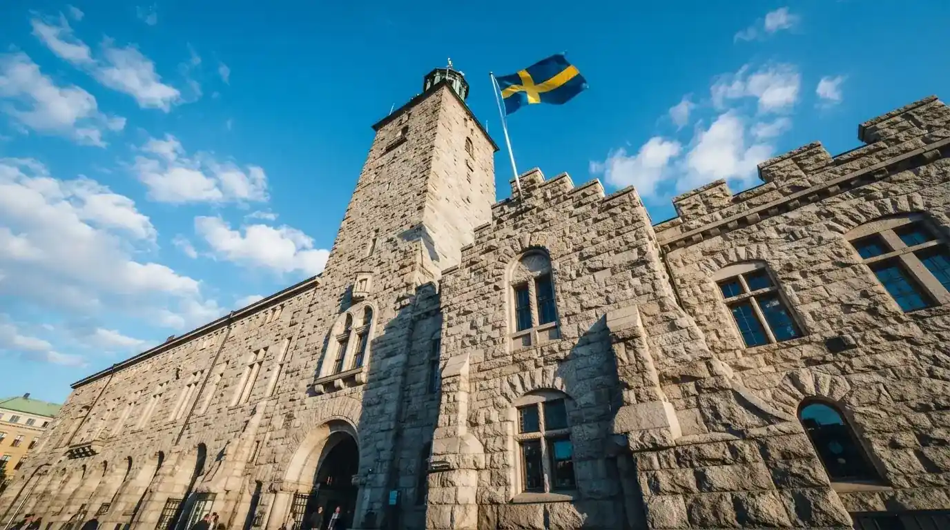Ett gammalt stadshus i sten fotograferat underifrån mot en klarblå himmel, med den svenska flaggan som fladdrar ovanför entrén.