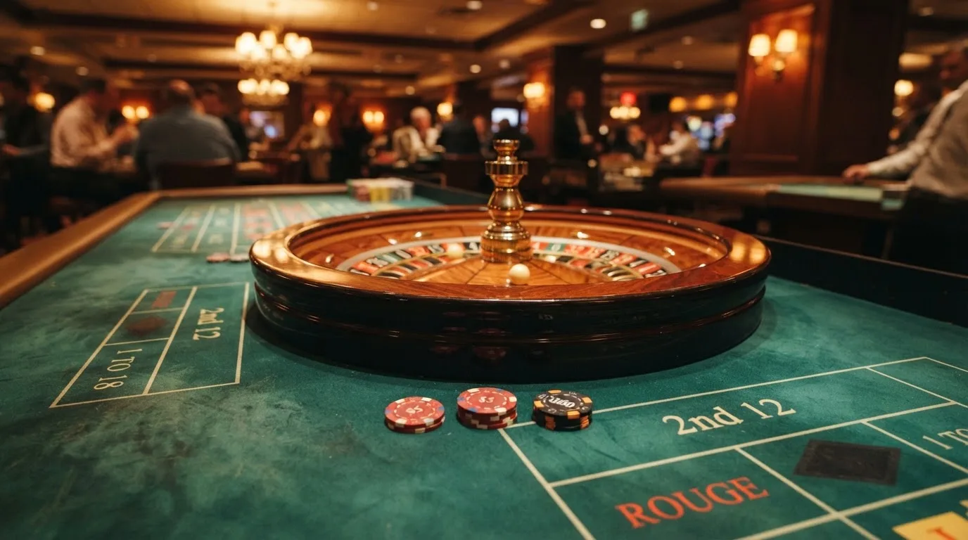 Roulettehjul och spelmarker på grön filt i varmt kvällsljus — svenska casinon med bitcoin