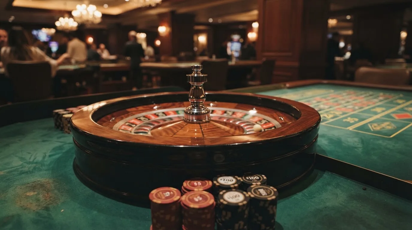 Roulettehjul och spelmarker på grön filt i varmt kvällsljus — svenska casinon med dogecoin