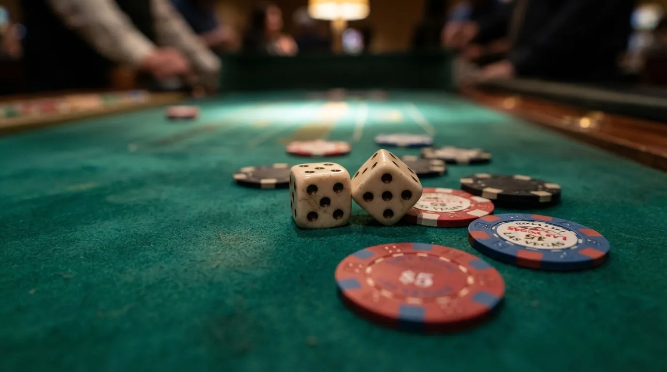 Ett par tärningar och färgglada pokerchips ligger utspridda på en grön filtduk under ett varmt spotlight-sken.