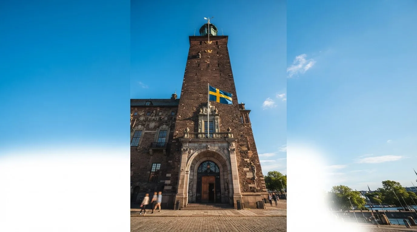 Ett gammalt stadshus i sten fotograferat underifrån mot en klarblå himmel, med den svenska flaggan som fladdrar ovanför entrén.