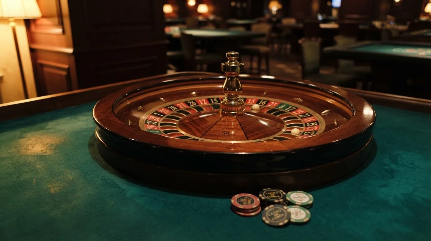 Roulettehjul och spelmarker på grön filt i varmt kvällsljus — svenska casinon på android